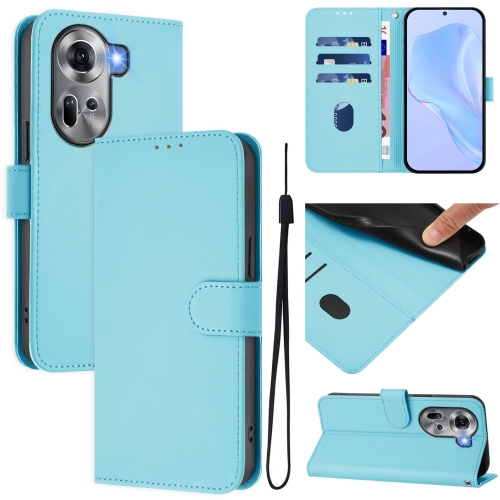 

For OPPO Reno11 5G Global Skin Feel Solid Color Leather Phone Case with Lanyard(Sky Blue)