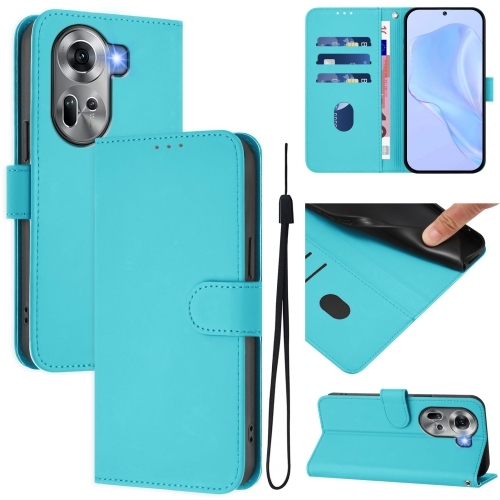 

For OPPO Reno11 5G Global Skin Feel Solid Color Leather Phone Case with Lanyard(Lake Blue)