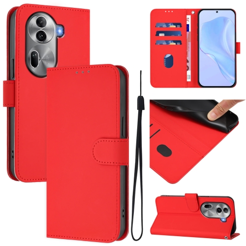 

For OPPO Reno11 Pro 5G Global Skin Feel Solid Color Leather Phone Case with Lanyard(Red)