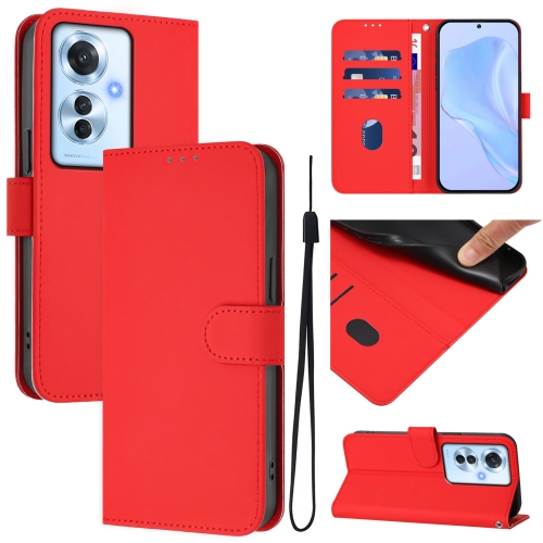 

For OPPO Reno11 F 5G Global Skin Feel Solid Color Leather Phone Case with Lanyard(Red)