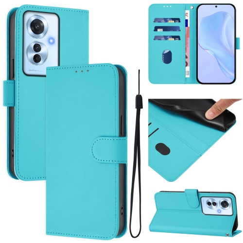 

For OPPO Reno11 F 5G Global Skin Feel Solid Color Leather Phone Case with Lanyard(Lake Blue)