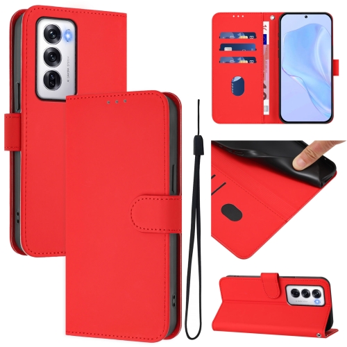 

For OPPO Reno12 5G Global Skin Feel Solid Color Leather Phone Case with Lanyard(Red)