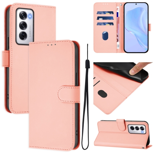 

For OPPO Reno12 5G Global Skin Feel Solid Color Leather Phone Case with Lanyard(Pink)