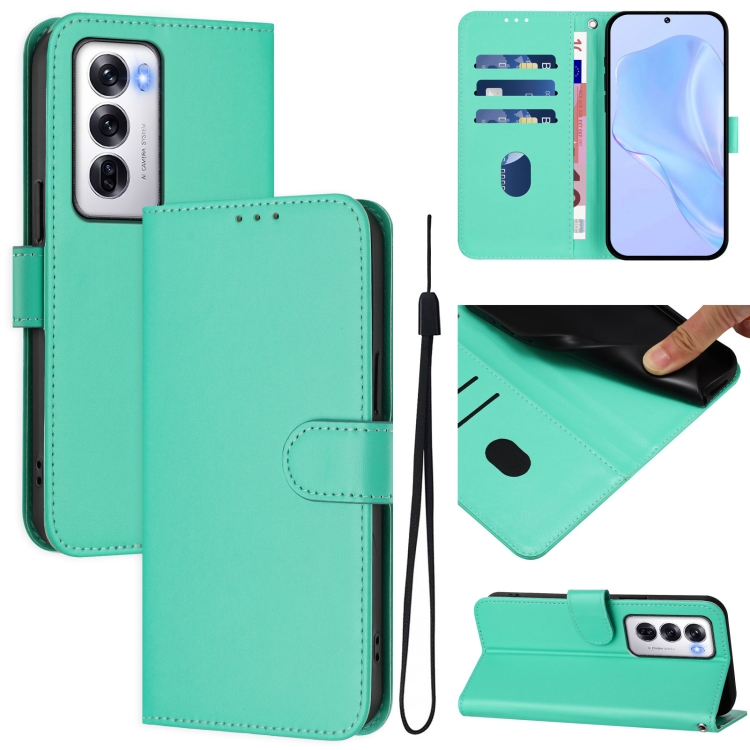 

For OPPO Reno12 5G Global Skin Feel Solid Color Leather Phone Case with Lanyard(Green)