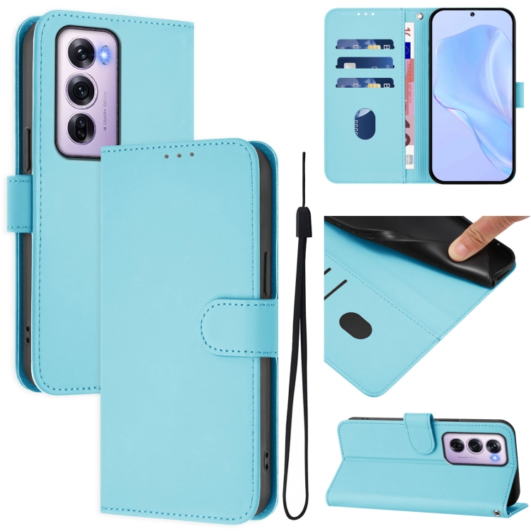 

For OPPO Reno12 Pro 5G Global Skin Feel Solid Color Leather Phone Case with Lanyard(Sky Blue)