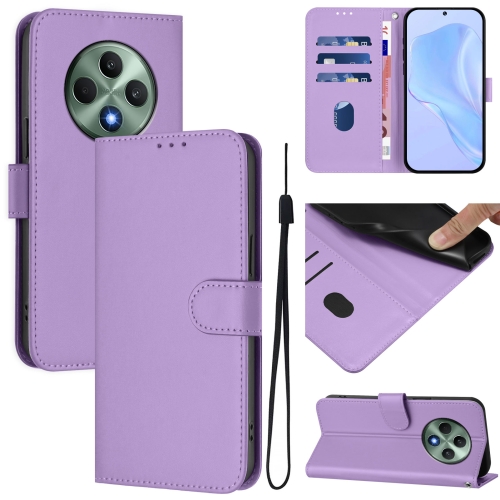 

For OPPO Reno12 F Global Skin Feel Solid Color Leather Phone Case with Lanyard(Lavender Purple)