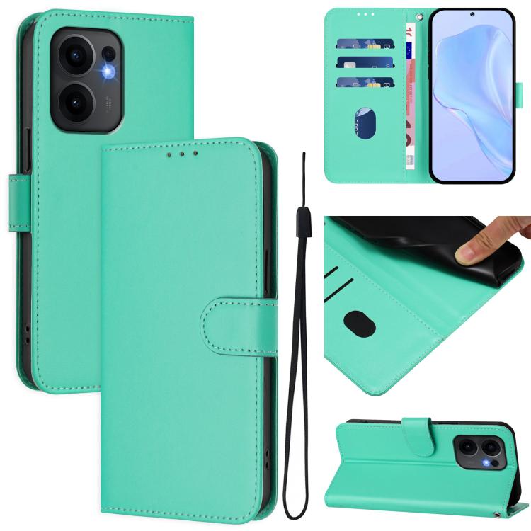 

For OPPO Reno13 F 5G Global Skin Feel Solid Color Leather Phone Case with Lanyard(Green)