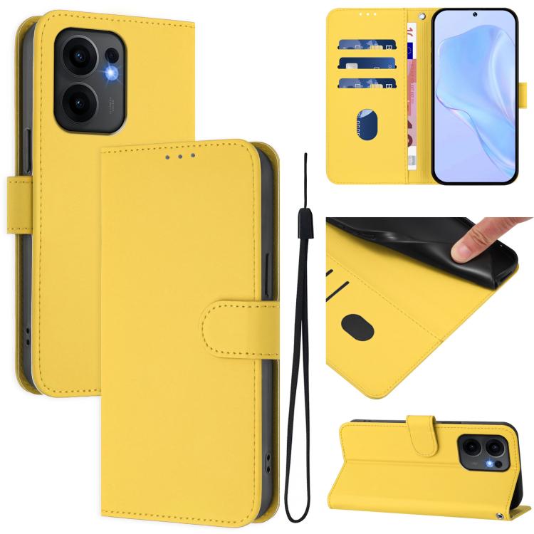 

For OPPO Reno13 F 5G Global Skin Feel Solid Color Leather Phone Case with Lanyard(Lemon Yellow)