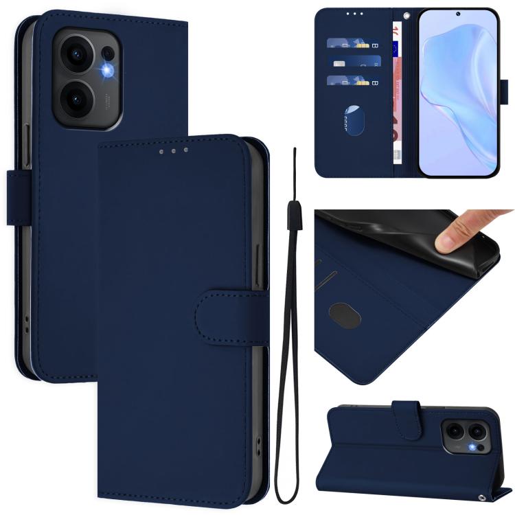 

For OPPO Reno13 F 5G Global Skin Feel Solid Color Leather Phone Case with Lanyard(Navy Blue)