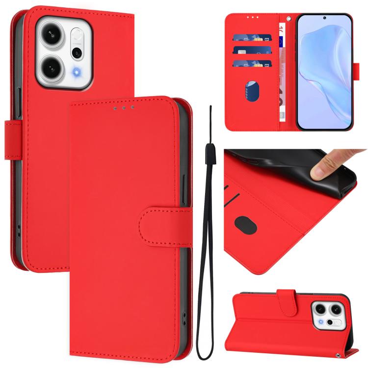 

For OPPO Reno14 5G Global Skin Feel Solid Color Leather Phone Case with Lanyard(Red)