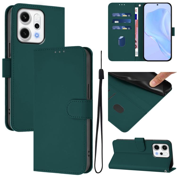 

For OPPO Reno14 5G Global Skin Feel Solid Color Leather Phone Case with Lanyard(Dark Green)