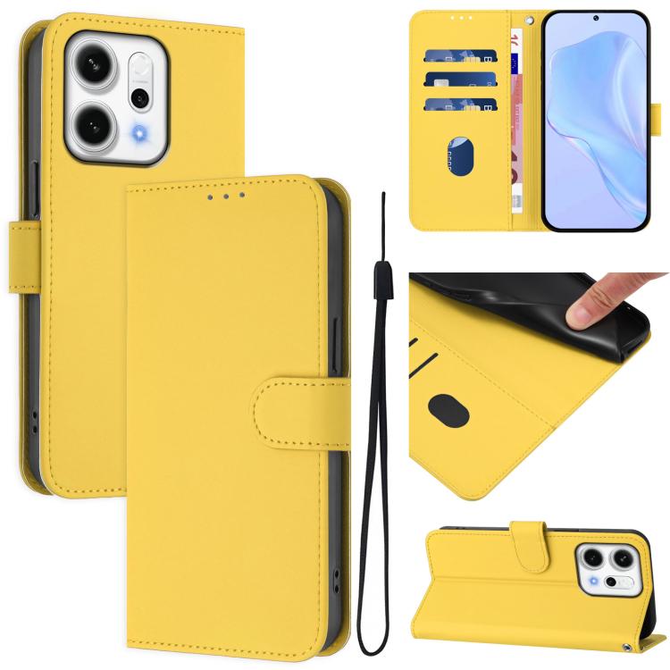 

For OPPO Reno14 5G Global Skin Feel Solid Color Leather Phone Case with Lanyard(Lemon Yellow)