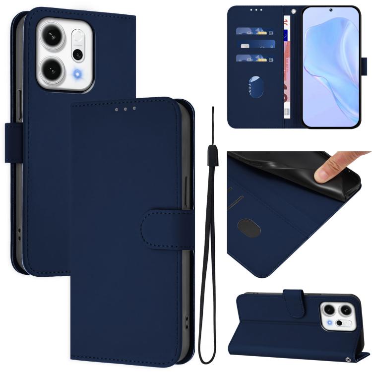 

For OPPO Reno14 5G Global Skin Feel Solid Color Leather Phone Case with Lanyard(Navy Blue)