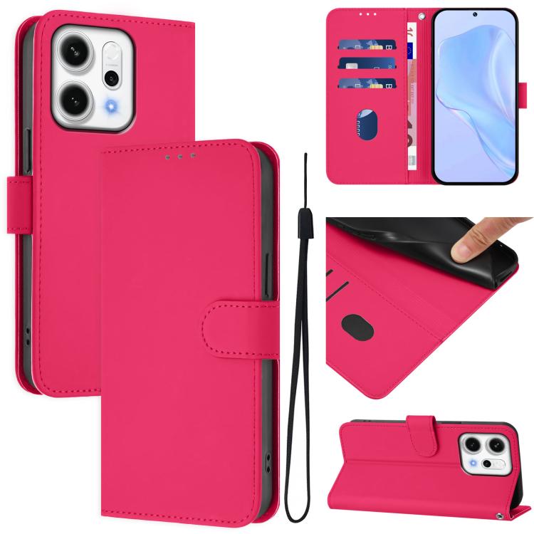

For OPPO Reno14 5G Global Skin Feel Solid Color Leather Phone Case with Lanyard(Rose Red)