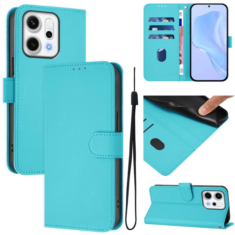

For OPPO Reno14 5G Global Skin Feel Solid Color Leather Phone Case with Lanyard(Lake Blue)