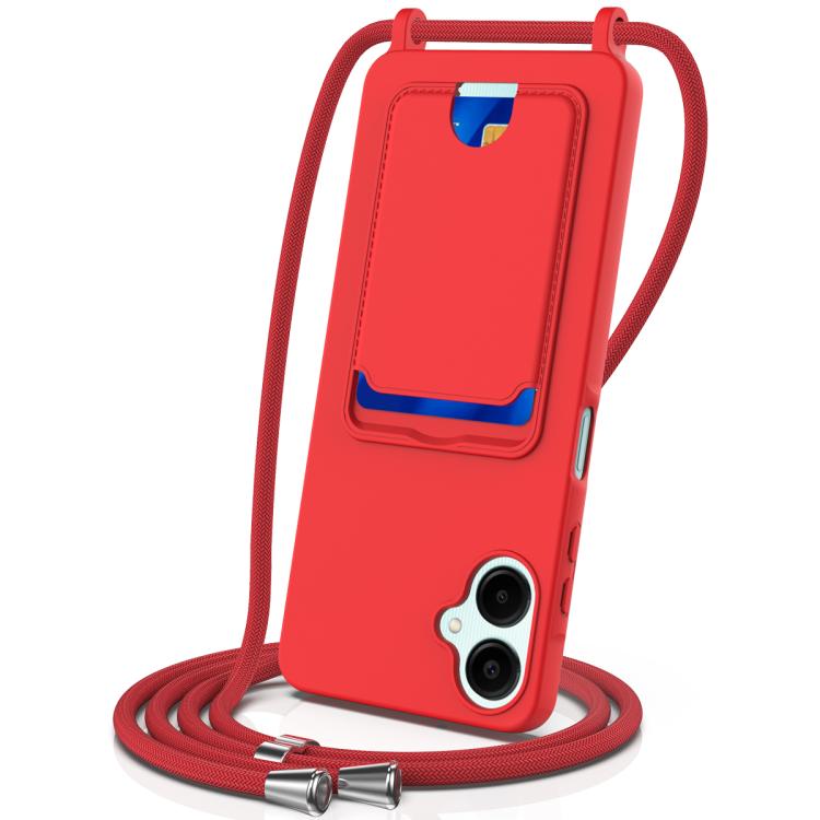 

For Samsung Galaxy A06 5G Integrated Card Bag Solid Color Liquid Silicone Phone Case with Lanyard(Red)