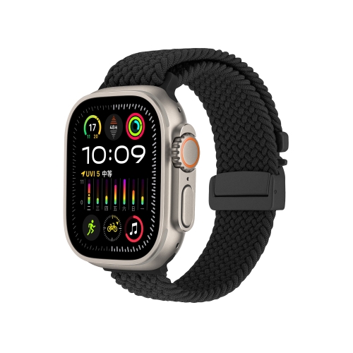 

For Apple Watch 46mm / 49mm / 45mm / 44mm Snap Button Braided Watch Band(Black)