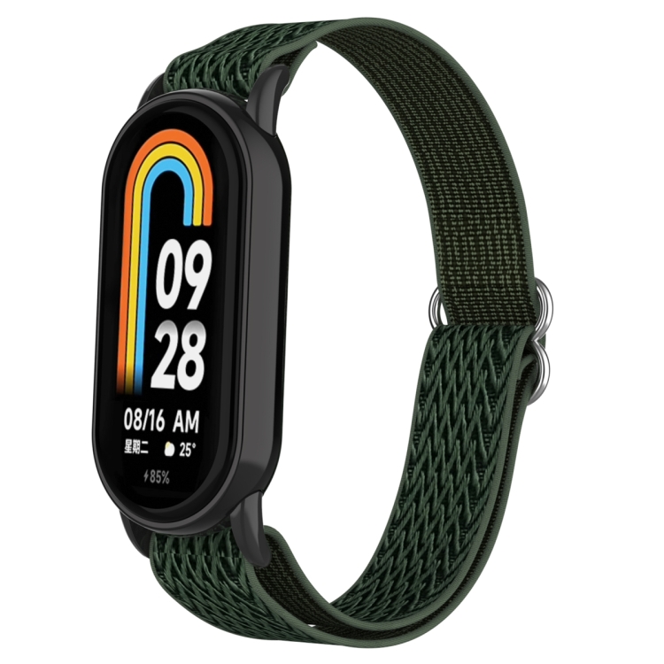 

For Xiaomi Smart Band 9 / 8 Plastic Plug Wave Elastic Nylon Watch Band(Dark Green)