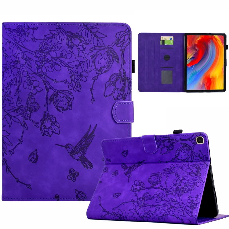 

For iPad 10.2 2021 / 10.5 2019 Flowers and Bird Embossed Smart Leather Tablet Case(Purple)