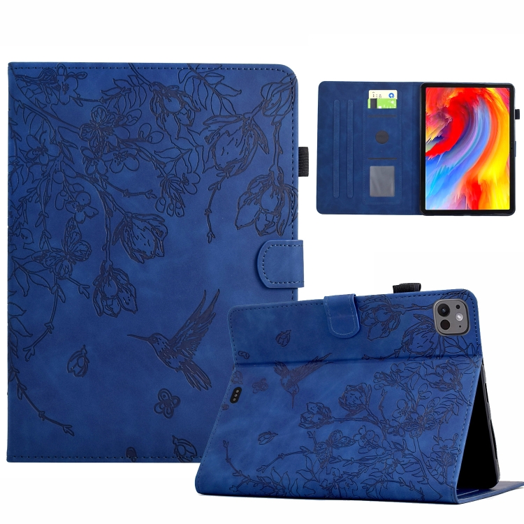

For iPad Pro 11 2024 Flowers and Bird Embossed Smart Leather Tablet Case(Dark Blue)
