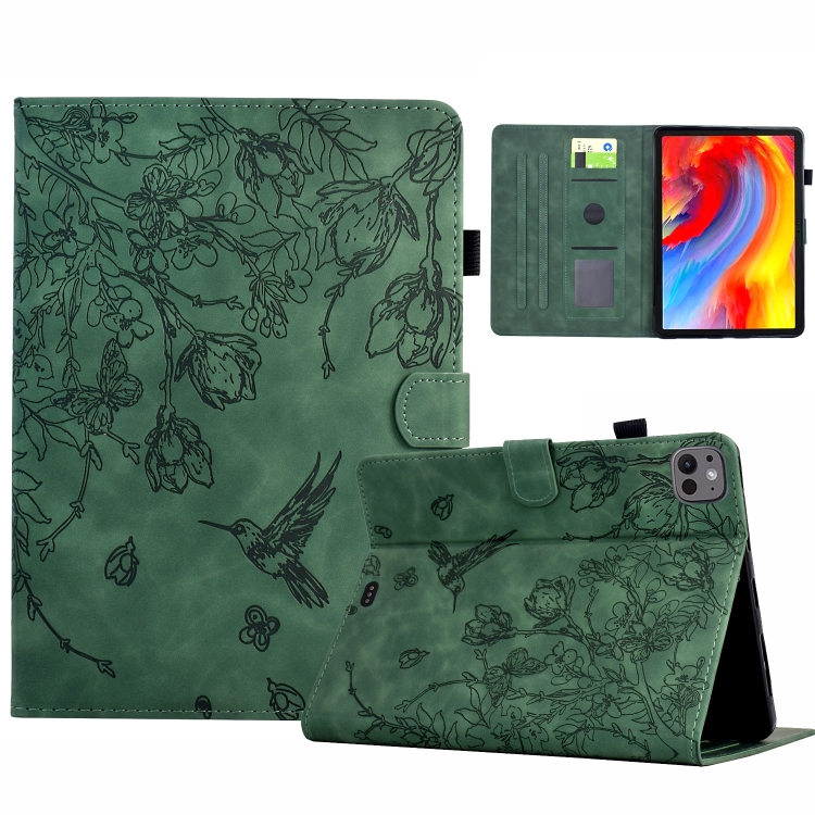 

For iPad Pro 11 2024 Flowers and Bird Embossed Smart Leather Tablet Case(Green)