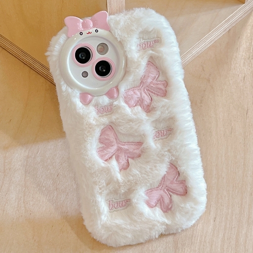 

For iPhone 15 Plus Plush Embroidery Full Coverage Phone Case(White + Pink Bow)