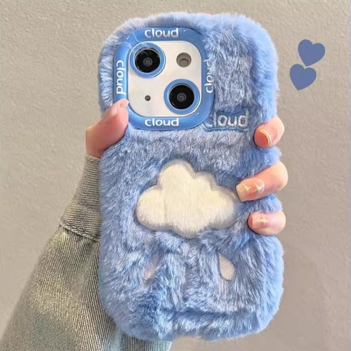 

For iPhone 14 Plus Plush Embroidery Full Coverage Phone Case(Blue + White Cloud)