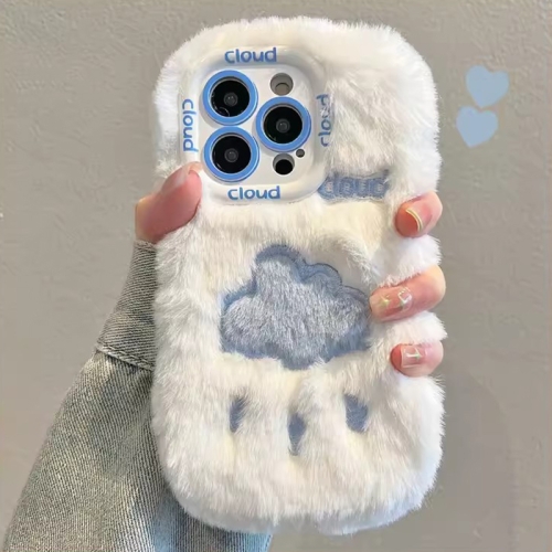 

For iPhone 14 Pro Max Plush Embroidery Full Coverage Phone Case(White + Blue Cloud)