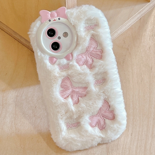 

For iPhone 16 Plush Embroidery Full Coverage Phone Case(White + Pink Bow)