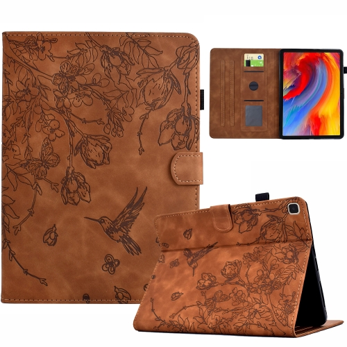 

For Samsung Galaxy Tab S6 Lite P610 Flowers and Bird Embossed Smart Leather Tablet Case(Brown)