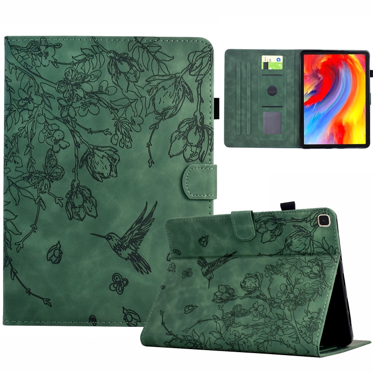 

For Samsung Galaxy Tab S6 Lite P610 Flowers and Bird Embossed Smart Leather Tablet Case(Green)