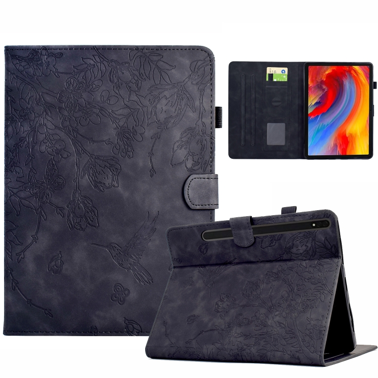 

For Samsung Galaxy Tab S7 / S8 Flowers and Bird Embossed Smart Leather Tablet Case(Black)
