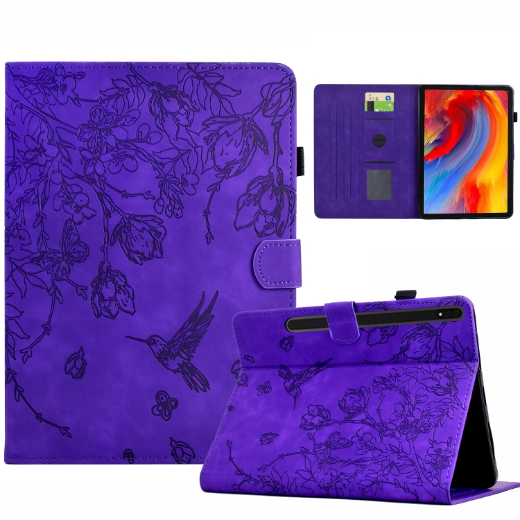

For Samsung Galaxy Tab S9 Flowers and Bird Embossed Smart Leather Tablet Case(Purple)