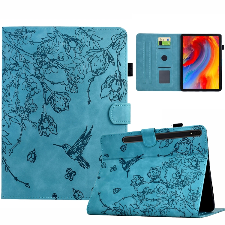

For Samsung Galaxy Tab S9 Flowers and Bird Embossed Smart Leather Tablet Case(Light Blue)