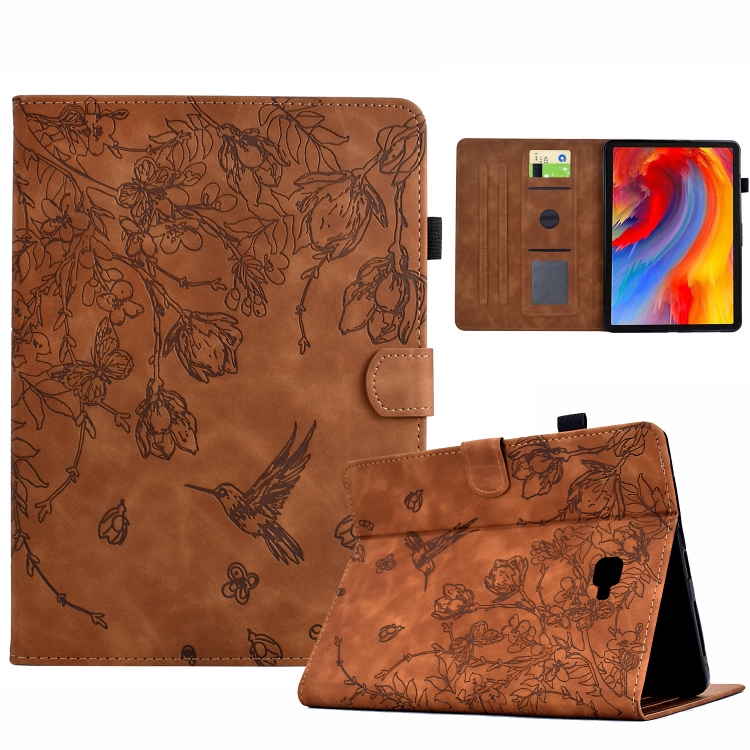 

For Samsung Galaxy Tab A 10.1 T580 Flowers and Bird Embossed Smart Leather Tablet Case(Brown)