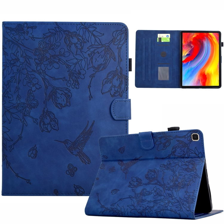 

For Samsung Galaxy Tab S5e T720 Flowers and Bird Embossed Smart Leather Tablet Case(Dark Blue)