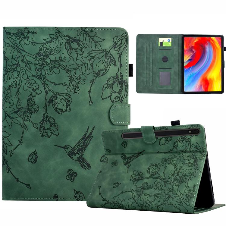 

For Samsung Galaxy Tab S10 FE+ Flowers and Bird Embossed Smart Leather Tablet Case(Green)