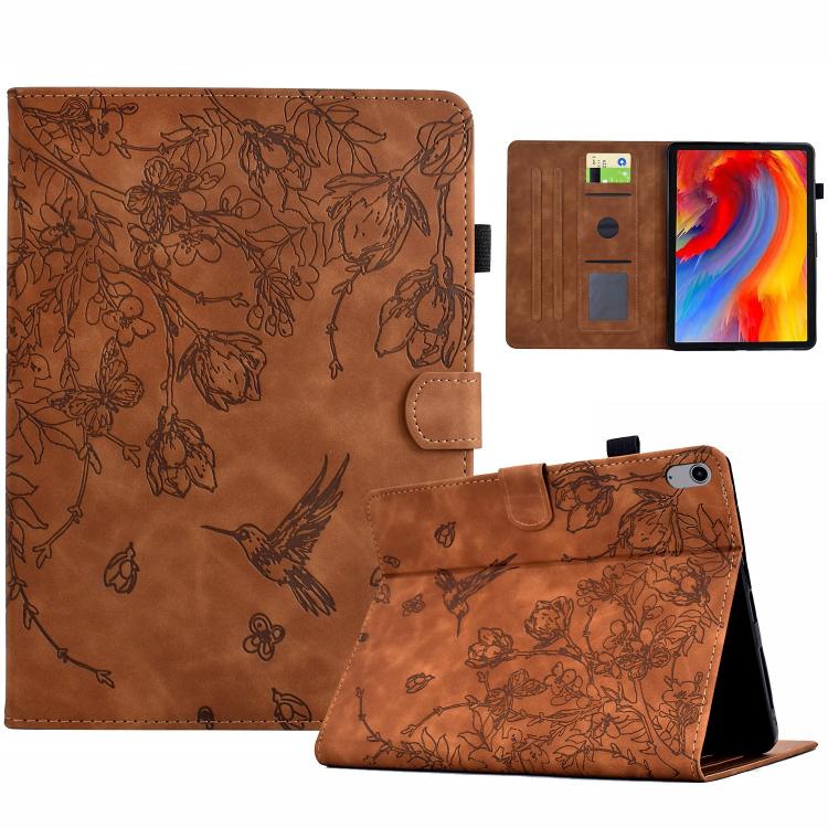 

For Samsung Galaxy Tab S11 Flowers and Bird Embossed Smart Leather Tablet Case(Brown)