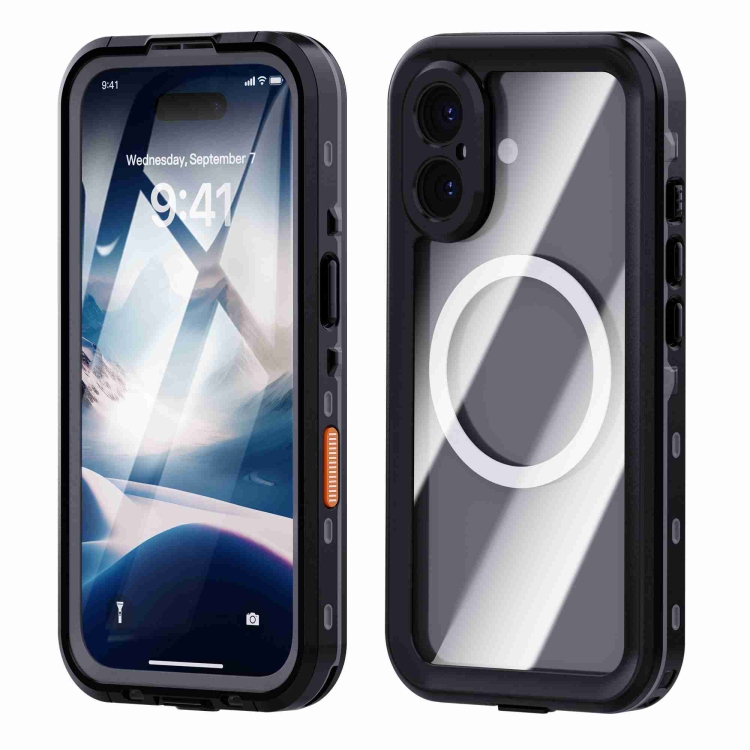 

For iPhone 16 RedPepper Transparent Dot IP68 Waterproof Triple-proof MagSafe Phone Case(Black Dark Grey)
