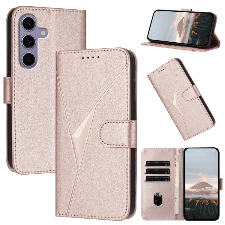 

For Samsung Galaxy S25 5G Triangle Pattern Buckle Clasp Leather Phone Case(Rose Gold)