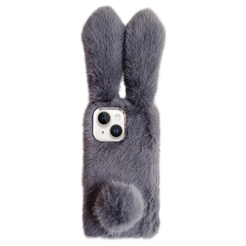 

For iPhone 15 Plus Solid Color Plush Rabbit TPU Phone Case(Grey)