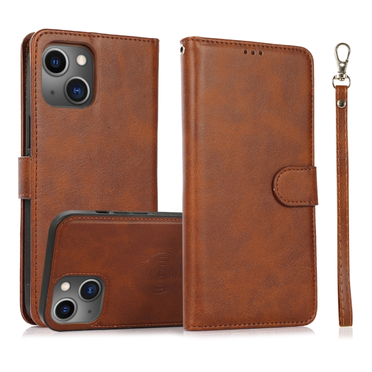 

For iPhone 14 Calf Texture 2 in 1 Detachable Magnetic Back Cover Leather Case(Brown)
