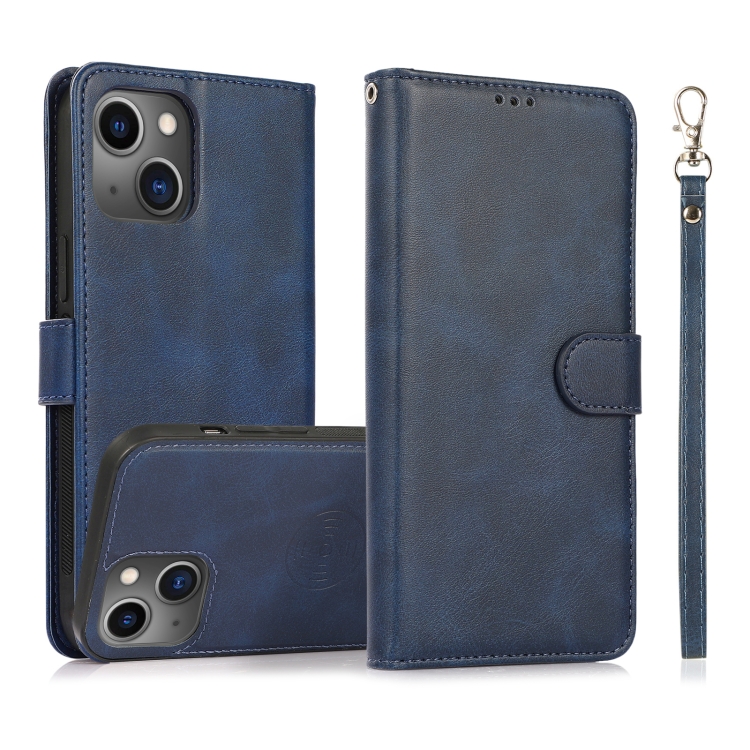 

For iPhone 14 Plus Calf Texture 2 in 1 Detachable Magnetic Back Cover Leather Case(Blue)
