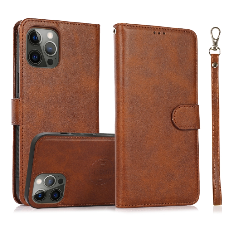 

For iPhone 14 Pro Max Calf Texture 2 in 1 Detachable Magnetic Back Cover Leather Case(Brown)