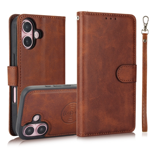 

For iPhone 16 Calf Texture 2 in 1 Detachable Magnetic Back Cover Leather Case(Brown)