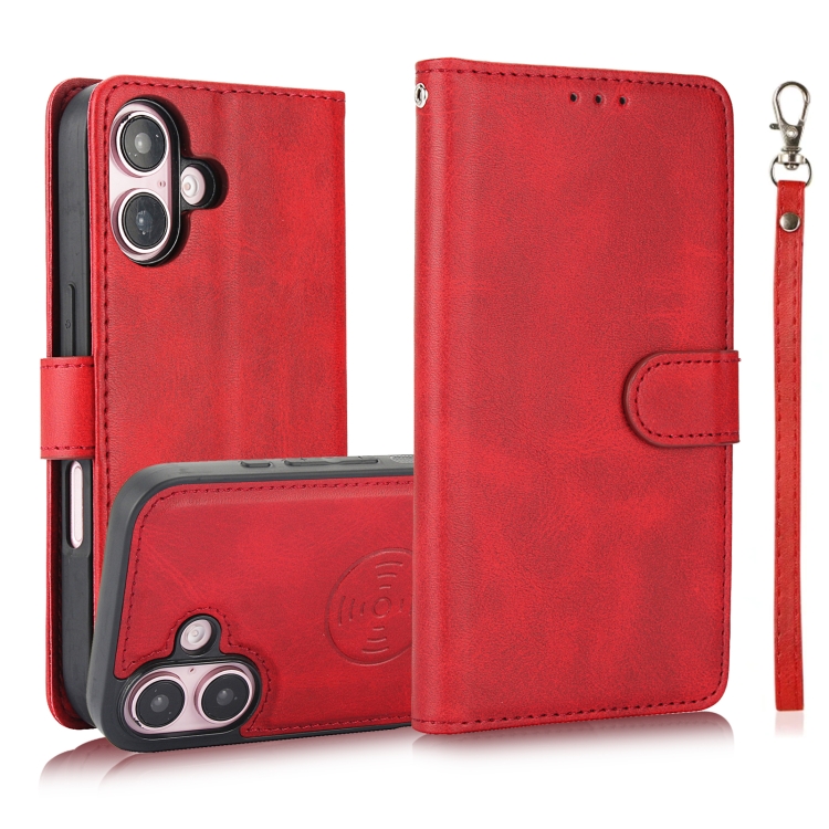 

For iPhone 16 Calf Texture 2 in 1 Detachable Magnetic Back Cover Leather Case(Red)