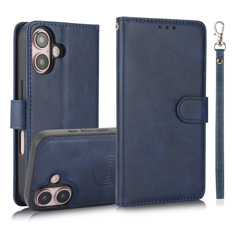 

For iPhone 16 Calf Texture 2 in 1 Detachable Magnetic Back Cover Leather Case(Blue)