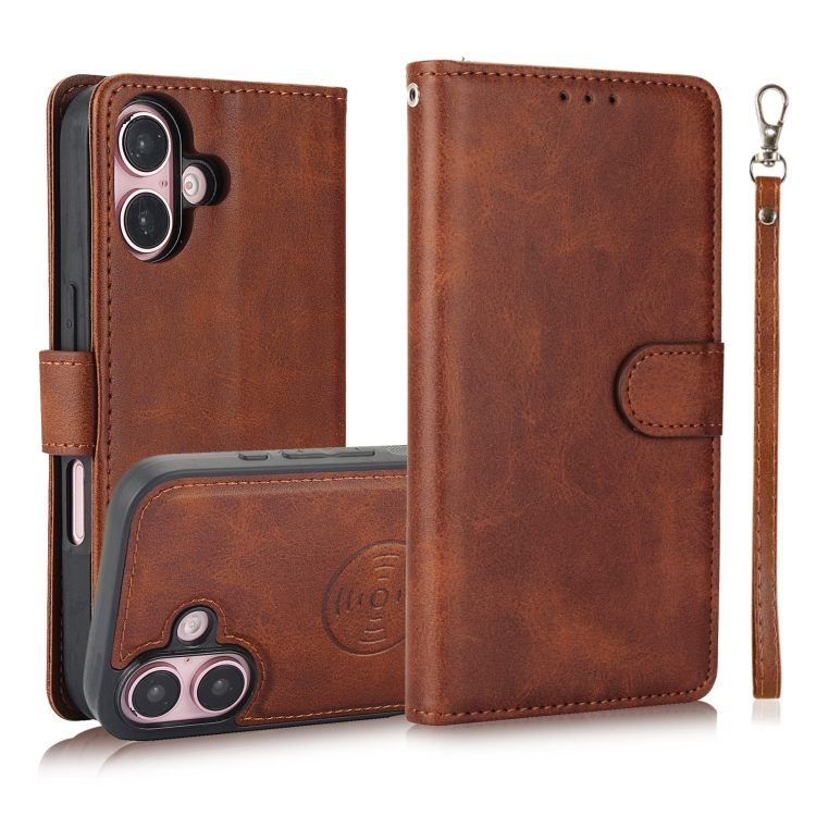 

For iPhone 16 Plus Calf Texture 2 in 1 Detachable Magnetic Back Cover Leather Case(Brown)