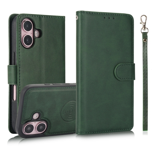 

For iPhone 16 Plus Calf Texture 2 in 1 Detachable Magnetic Back Cover Leather Case(Green)