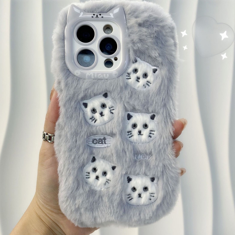 

For iPhone 15 Pro Plush Cute Cat Full Coverage Silicone Phone Case(Grey)